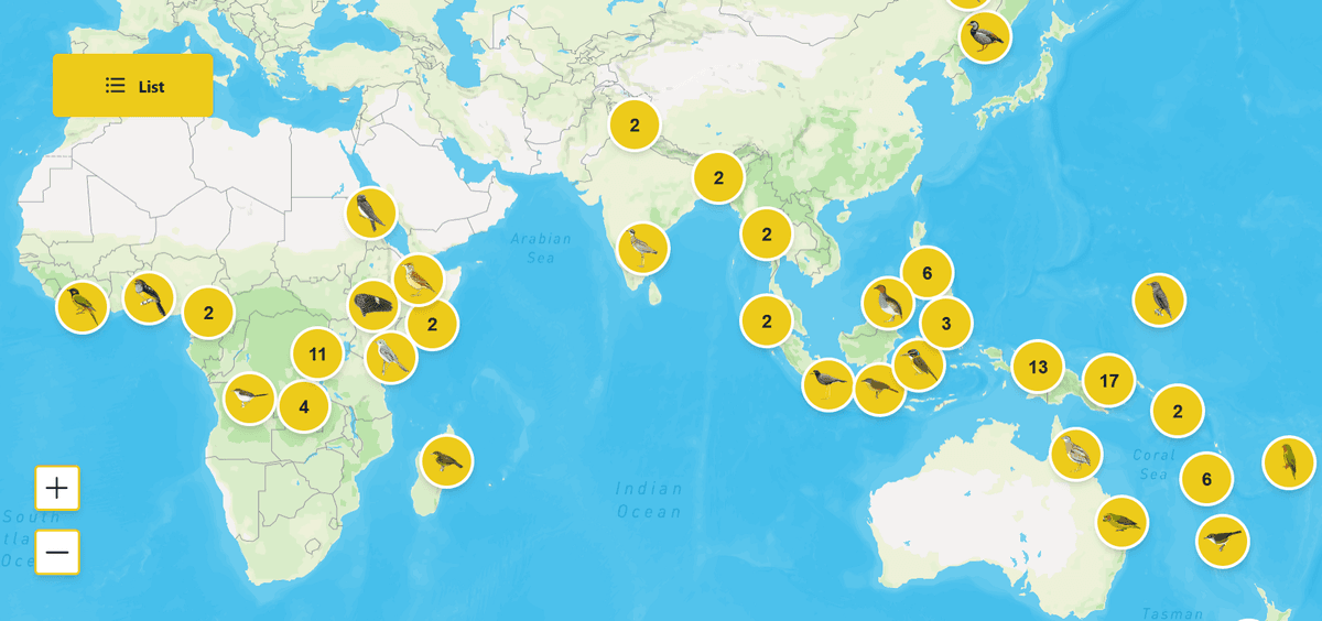 Small map of the world with icons indicating the locations of bird sightings.